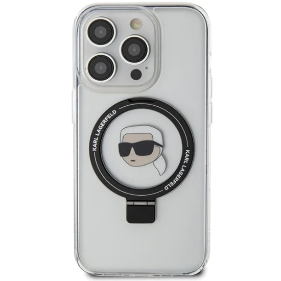 Калъф за iPhone 15 Pro - Karl Lagerfeld Hardcase Ring Stand MagSafe (KLHMP15LHHMMRSKHH) - White Karl Head