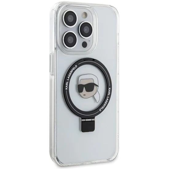 Калъф за iPhone 15 Pro - Karl Lagerfeld Hardcase Ring Stand MagSafe (KLHMP15LHHMMRSKHH) - White Karl Head