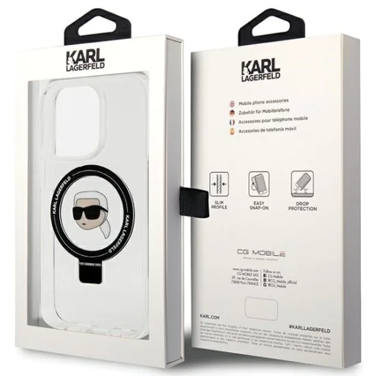 Калъф за iPhone 15 Pro - Karl Lagerfeld Hardcase Ring Stand MagSafe (KLHMP15LHHMMRSKHH) - White Karl Head