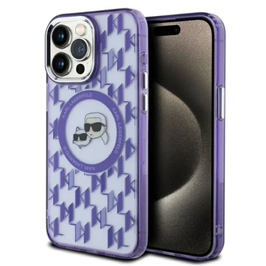 Калъф за iPhone 15 Pro - Karl Lagerfeld IML MagSafe (KLHMP15LHHMCKKMHU) - лилав монограм Karl&Choupette Head