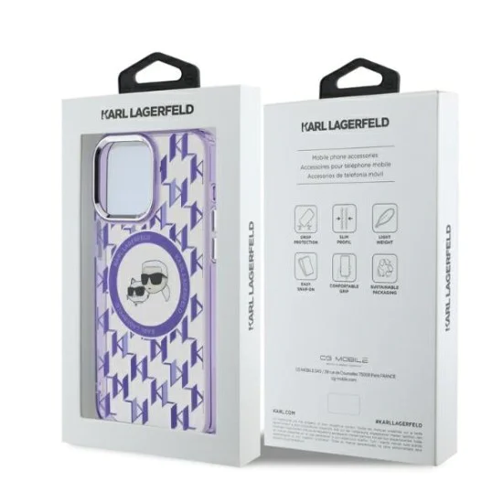 Калъф за iPhone 15 Pro - Karl Lagerfeld IML MagSafe (KLHMP15LHHMCKKMHU) - лилав монограм Karl&Choupette Head