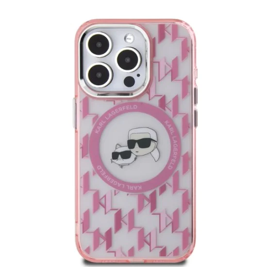 Калъф за iPhone 15 Pro - Karl Lagerfeld IML MagSafe (KLHMP15LHHMCKKMHP) - розов монограм Karl&Choupette Head