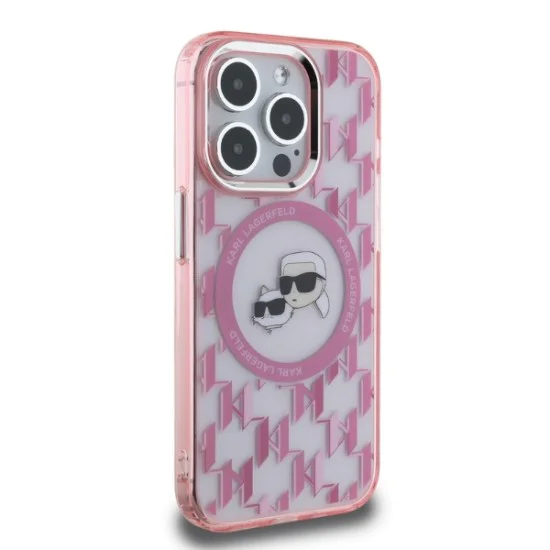 Калъф за iPhone 15 Pro - Karl Lagerfeld IML MagSafe (KLHMP15LHHMCKKMHP) - розов монограм Karl&Choupette Head