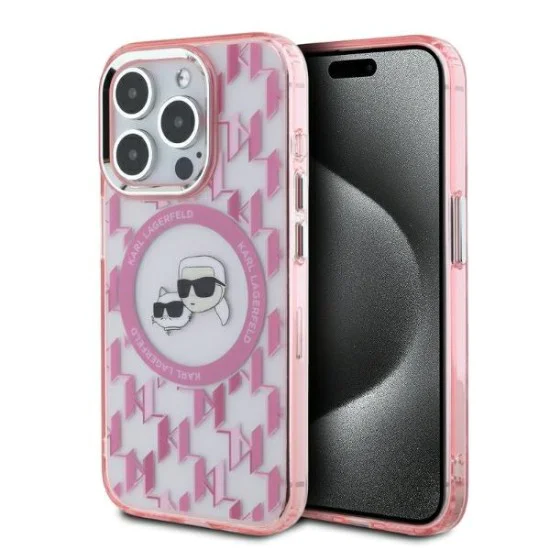 Калъф за iPhone 15 Pro - Karl Lagerfeld IML MagSafe (KLHMP15LHHMCKKMHP) - розов монограм Karl&Choupette Head