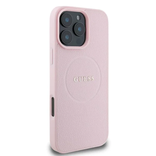 Калъф за iPhone 16 Pro - Guess Grained Gold Ring MagSafe (GUHMP16LPGHSMMP) - Розов