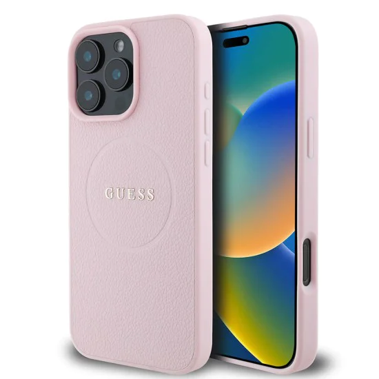 Калъф за iPhone 16 Pro - Guess Grained Gold Ring MagSafe (GUHMP16LPGHSMMP) - Розов