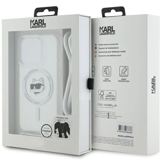 Калъф за iPhone 14 Pro Max - Karl Lagerfeld IML Crossbody MagSafe (KLHMP14XHCHCCHCHNT) - Transparent Choupette Head&Cord