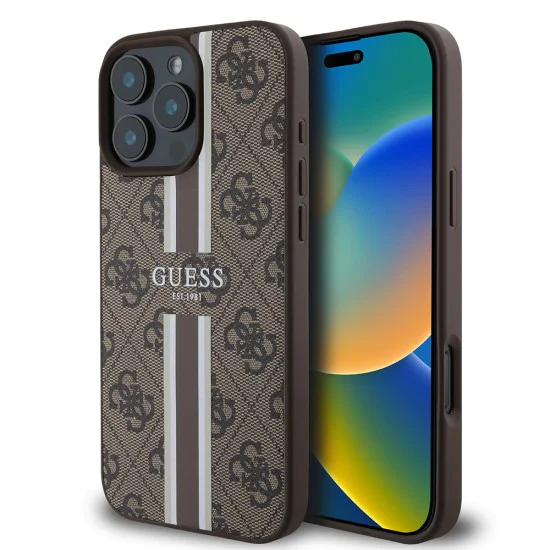 Калъф за iPhone 16 Pro Max - Guess Hardcase 4G Printed Stripes MagSafe (GUHMP16XP4RPSW) - Кафяв