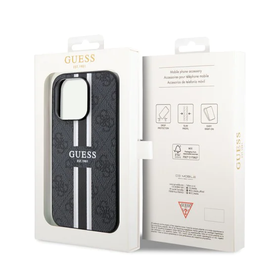 Калъф за iPhone 15 Pro Max - Guess Hardcase 4G Printed Stripes MagSafe (GUHMP15XP4RPSK) - Черен