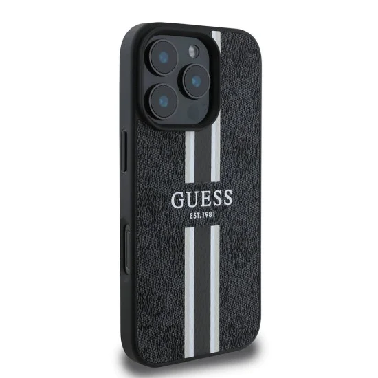 Калъф за iPhone 16 Pro - Guess Hardcase 4G Printed Stripes MagSafe (GUHMP16LP4RPSK) - Черен