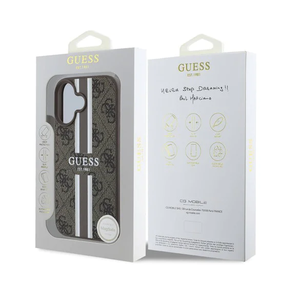 Калъф за iPhone 16 - Guess Hardcase 4G Printed Stripes MagSafe (GUHMP16SP4RPSW) - Кафяв