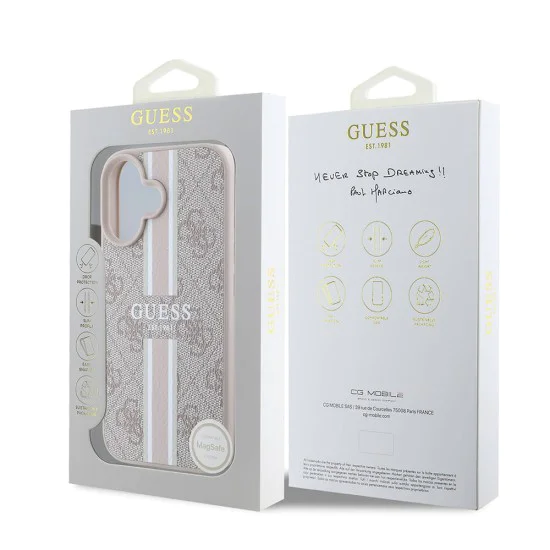 Калъф за iPhone 16 Plus - Guess Hardcase 4G Printed Stripes MagSafe (GUHMP16MP4RPSP) - Розов