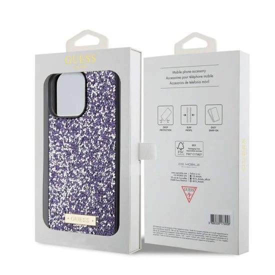 Калъф за iPhone 15 Pro - Guess Rhinestone Metal Logo (GUHCP15LPFGSBSP) - Лилав