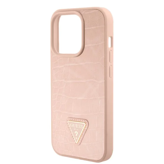 Калъф за iPhone 15 Pro Max - Guess Croco Croco Triangle Metal Logo (GUHCP15XPCRTHCP) - Розов