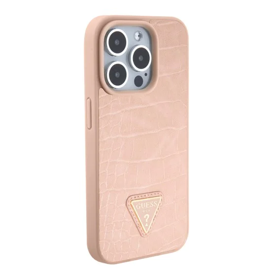 Калъф за iPhone 15 Pro Max - Guess Croco Croco Triangle Metal Logo (GUHCP15XPCRTHCP) - Розов