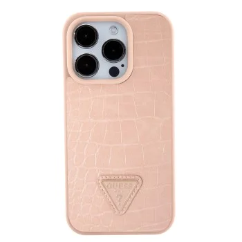 Калъф за iPhone 15 Pro Max - Guess Croco Croco Triangle Metal Logo (GUHCP15XPCRTHCP) - Розов