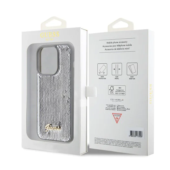 Калъф за iPhone 15 Pro Max - Guess Sequin Script Metal (GUHCP15XPSFDGSS) - Сребрист