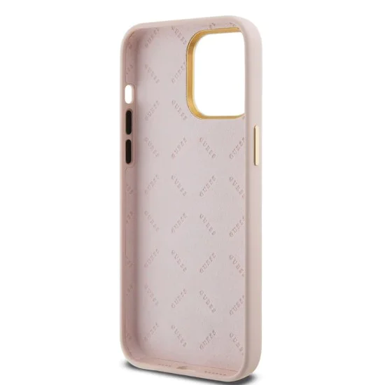 Калъф за iPhone 15 Pro - Guess Silicone Script Metal Metal Logo & Frame (GUHCP15LSMBSLP) - светло розов