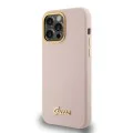Калъф за iPhone 15 Pro - Guess Silicone Script Metal Metal Logo & Frame (GUHCP15LSMBSLP) - светло розов