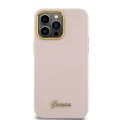 Калъф за iPhone 15 Pro - Guess Silicone Script Metal Metal Logo & Frame (GUHCP15LSMBSLP) - светло розов