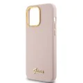 Калъф за iPhone 15 Pro - Guess Silicone Script Metal Metal Logo & Frame (GUHCP15LSMBSLP) - светло розов