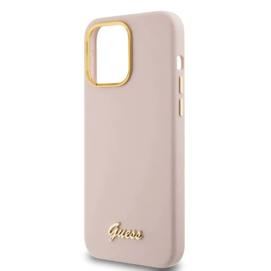 Калъф за iPhone 15 Pro - Guess Silicone Script Metal Metal Logo & Frame (GUHCP15LSMBSLP) - светло розов