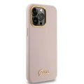 Калъф за iPhone 15 Pro - Guess Silicone Script Metal Metal Logo & Frame (GUHCP15LSMBSLP) - светло розов