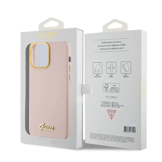 Калъф за iPhone 15 Pro - Guess Silicone Script Metal Metal Logo & Frame (GUHCP15LSMBSLP) - светло розов