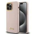 Калъф за iPhone 15 Pro - Guess Silicone Script Metal Metal Logo & Frame (GUHCP15LSMBSLP) - светло розов