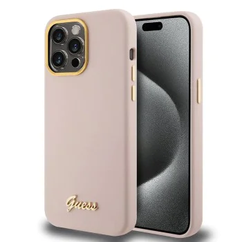 Калъф за iPhone 15 Pro - Guess Silicone Script Metal Metal Logo & Frame (GUHCP15LSMBSLP) - светло розов