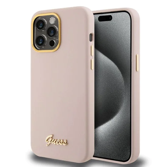 Калъф за iPhone 15 Pro - Guess Silicone Script Metal Metal Logo & Frame (GUHCP15LSMBSLP) - светло розов