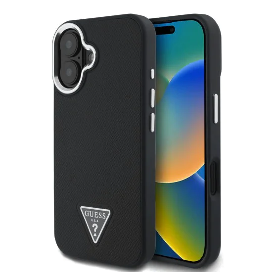 Калъф за iPhone 16 - Guess Grained Triangle MagSafe (GUHMP16SPGTSPSK) - Черен