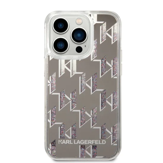 Калъф за iPhone 14 Pro - Karl Lagerfeld Hardcase Liquid Glitter (KLHCP14LLLLMNMS) - сребрист монограм