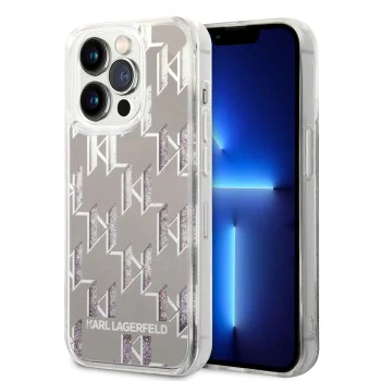 Калъф за iPhone 14 Pro - Karl Lagerfeld Hardcase Liquid Glitter (KLHCP14LLLLMNMS) - сребрист монограм
