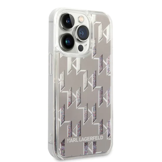 Калъф за iPhone 14 Pro - Karl Lagerfeld Hardcase Liquid Glitter (KLHCP14LLLLMNMS) - сребрист монограм