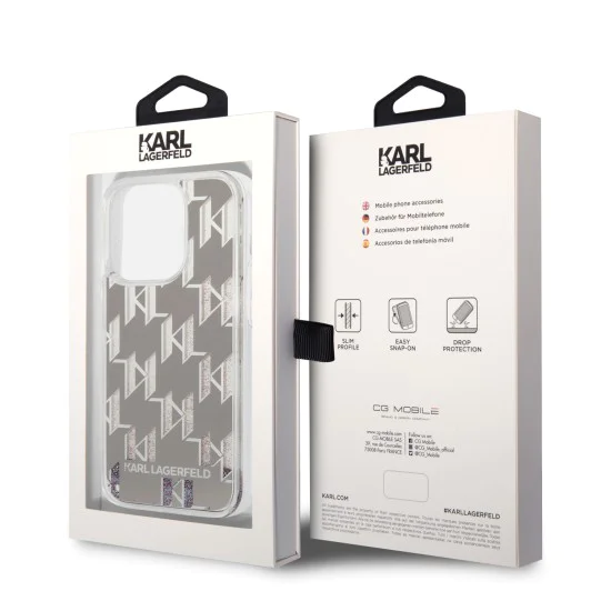Калъф за iPhone 14 Pro - Karl Lagerfeld Hardcase Liquid Glitter (KLHCP14LLLLMNMS) - сребрист монограм