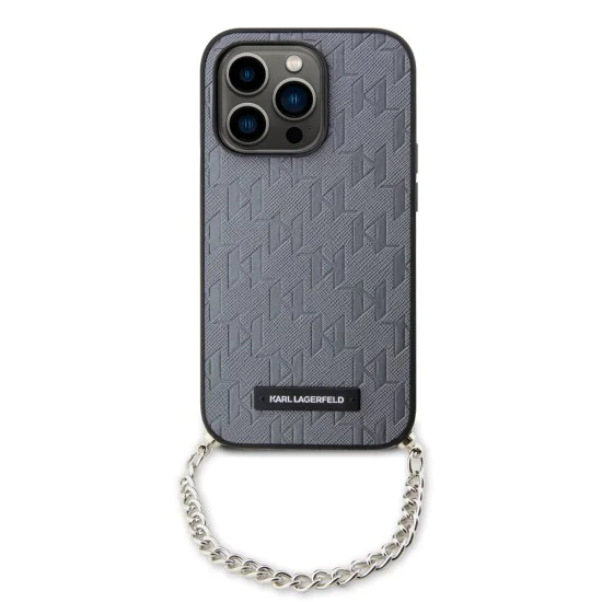 Калъф за iPhone 14 Pro - Karl Lagerfeld Saffiano Monogram Chain (KLHCP14LSACKLHPG) - сребрист