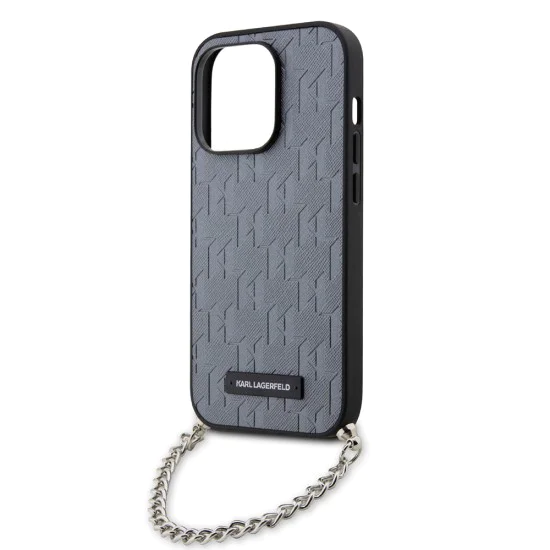Калъф за iPhone 14 Pro - Karl Lagerfeld Saffiano Monogram Chain (KLHCP14LSACKLHPG) - сребрист