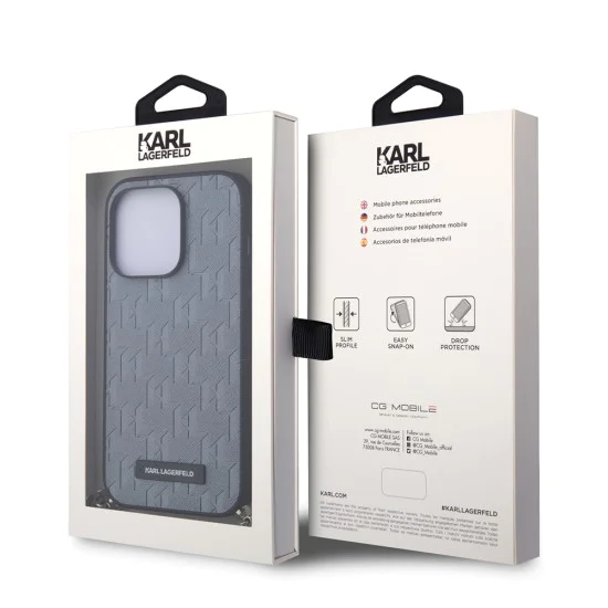 Калъф за iPhone 14 Pro - Karl Lagerfeld Saffiano Monogram Chain (KLHCP14LSACKLHPG) - сребрист