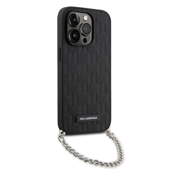 Калъф за iPhone 14 Pro - Karl Lagerfeld Saffiano Monogram Chain (KLHCP14LSACKLHPK) - черен