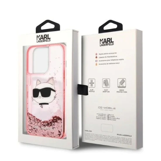 Калъф за iPhone 14 Pro - Karl Lagerfeld Hardcase Glitter (KLHCP14LLLLNCHCP) - Pink Choupette Head