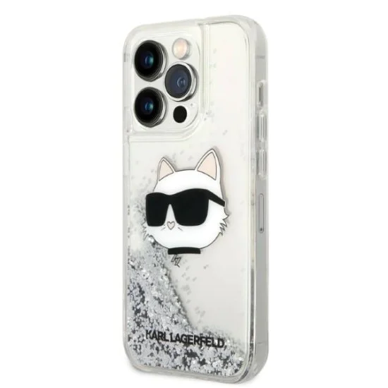 Калъф за iPhone 14 Pro - Karl Lagerfeld Hardcase Glitter (KLHCP14LLLLNCHCS) - Silver Choupette Head