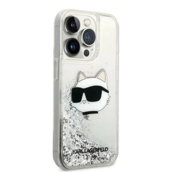 Калъф за iPhone 14 Pro - Karl Lagerfeld Hardcase Glitter (KLHCP14LLLLNCHCS) - Silver Choupette Head