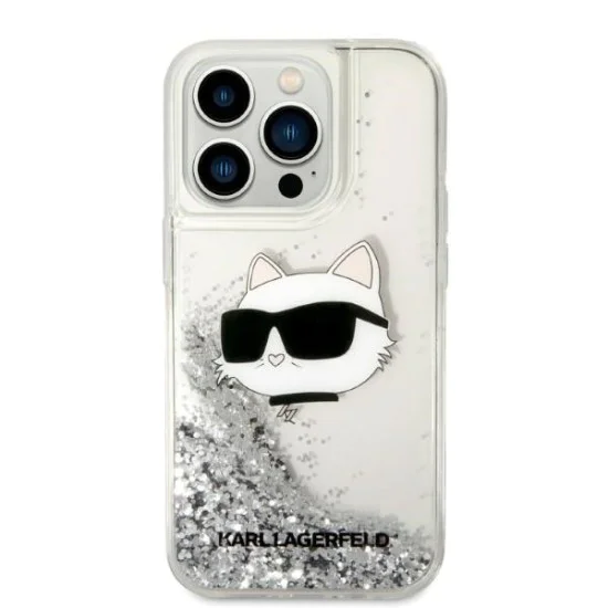 Калъф за iPhone 14 Pro - Karl Lagerfeld Hardcase Glitter (KLHCP14LLLLNCHCS) - Silver Choupette Head
