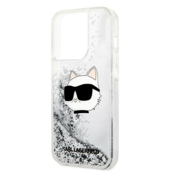 Калъф за iPhone 14 Pro - Karl Lagerfeld Hardcase Glitter (KLHCP14LLLLNCHCS) - Silver Choupette Head