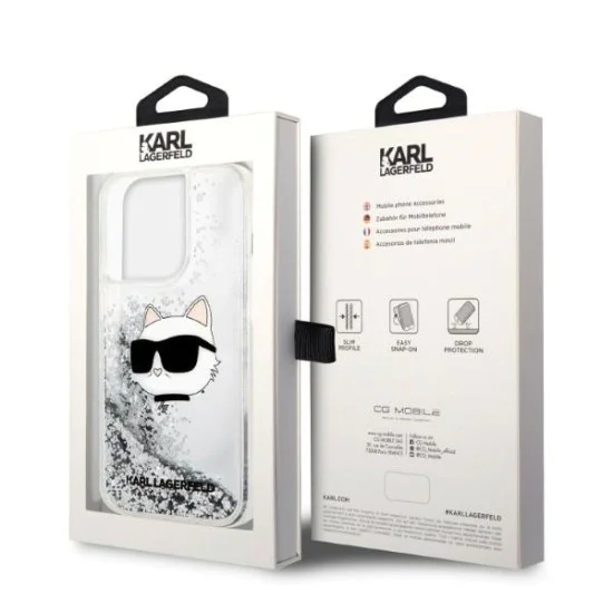 Калъф за iPhone 14 Pro - Karl Lagerfeld Hardcase Glitter (KLHCP14LLLLNCHCS) - Silver Choupette Head