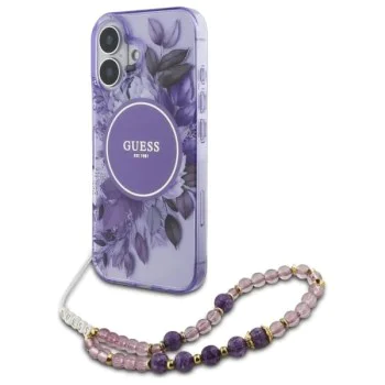 Калъф за iPhone 16 Plus - Guess IML Flowers with Pearl Strap MagSafe (GUHMP16MHFHFWWBRCESU) - Лилав