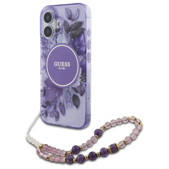 Калъф за iPhone 16 Plus - Guess IML Flowers with Pearl Strap MagSafe (GUHMP16MHFHFWWBRCESU) - Лилав