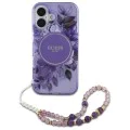 Калъф за iPhone 16 Plus - Guess IML Flowers with Pearl Strap MagSafe (GUHMP16MHFHFWWBRCESU) - Лилав