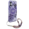 Калъф за iPhone 16 Plus - Guess IML Flowers with Pearl Strap MagSafe (GUHMP16MHFHFWWBRCESU) - Лилав